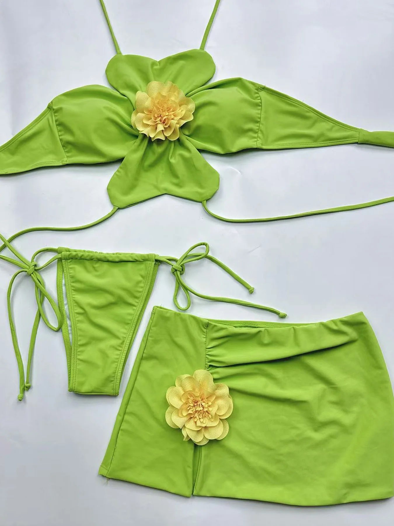 Melphieer Swimwear Designer 3D Flower Bikini 3 PCS Swimsuit Skirt Bikinis Women Three Piece Beachwear Outfits Bather Biquini